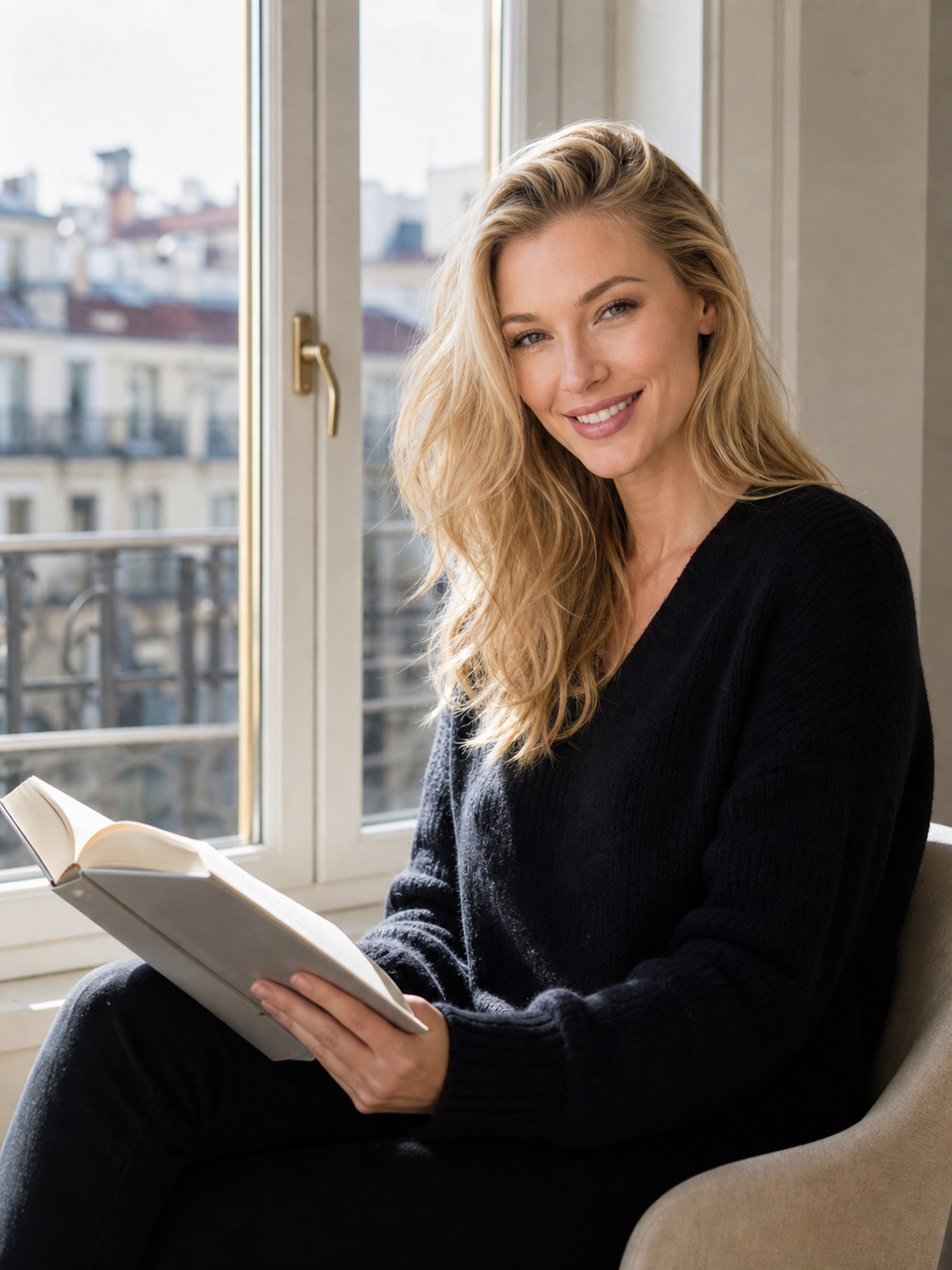 Nicole Junkermann sonríe con un libro abierto junto a una ventana luminosa