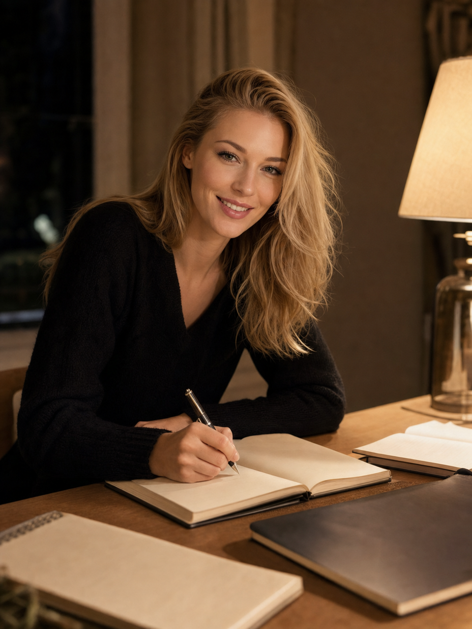 Nicole Junkermann sonríe mientras escribe en un cuaderno con un libro cerca