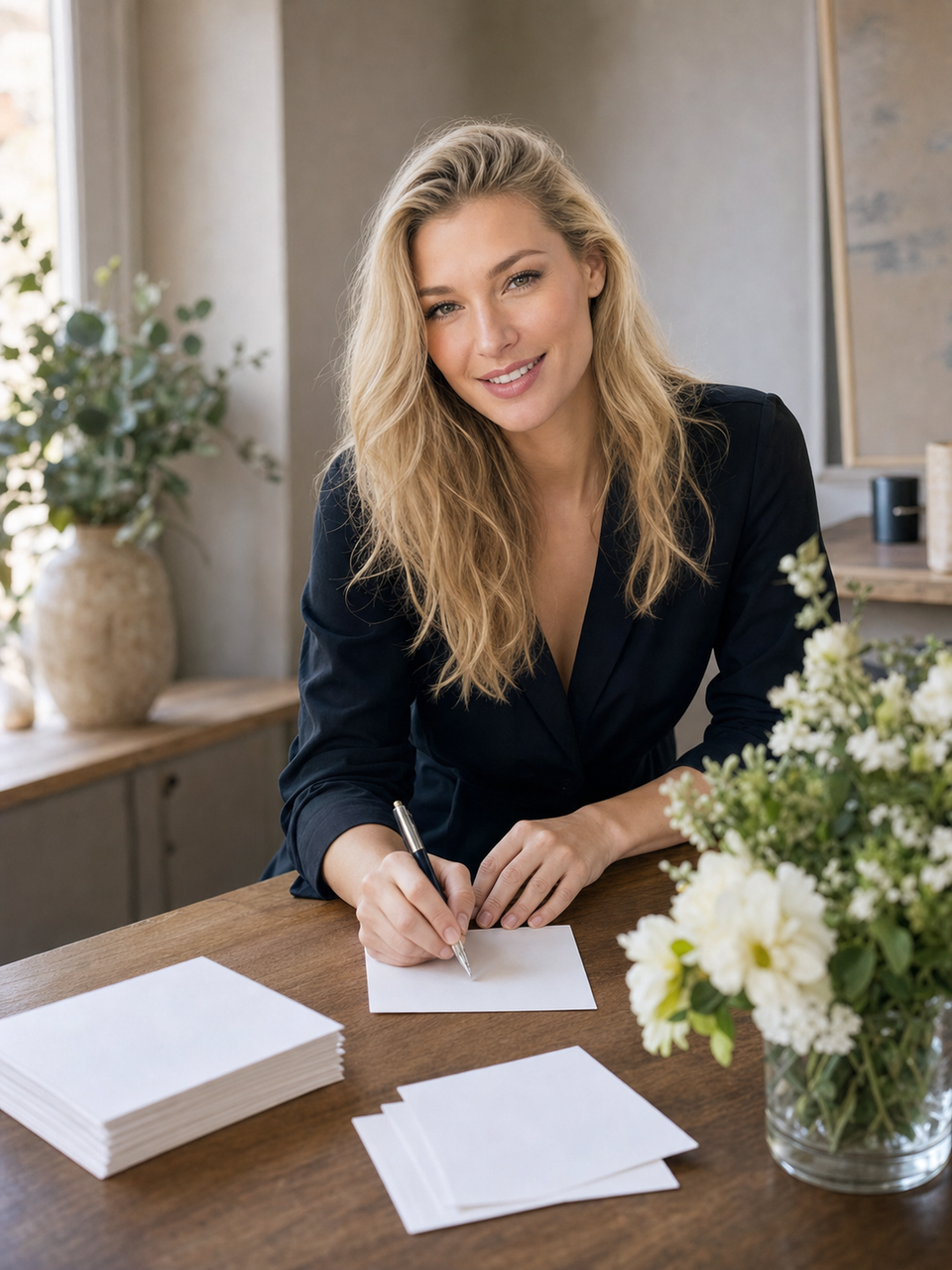 Nicole Junkermann escribe notas en tarjetas sobre una mesa de madera con flores