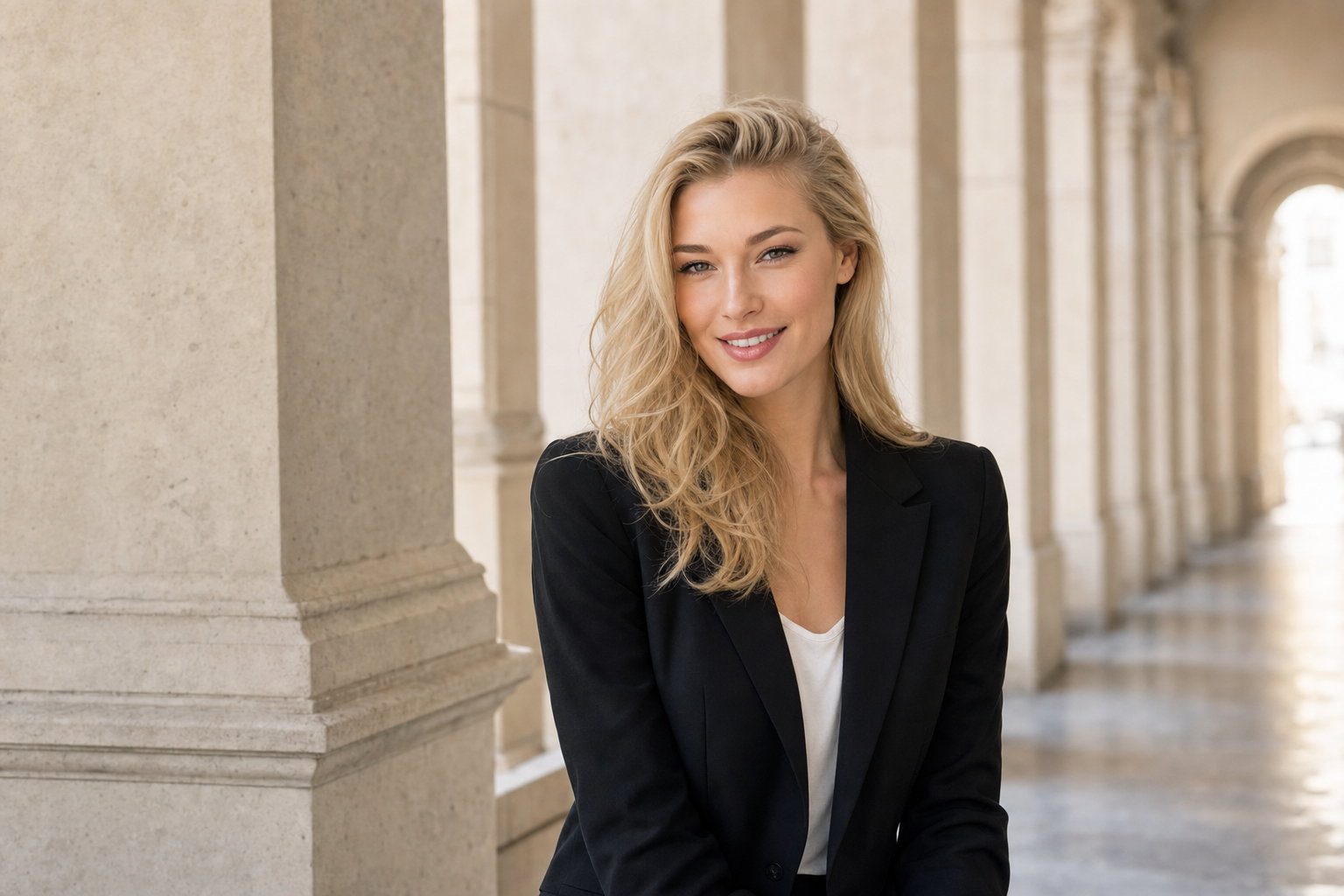 Nicole Junkermann en una galería de columnas de piedra clara en Madrid